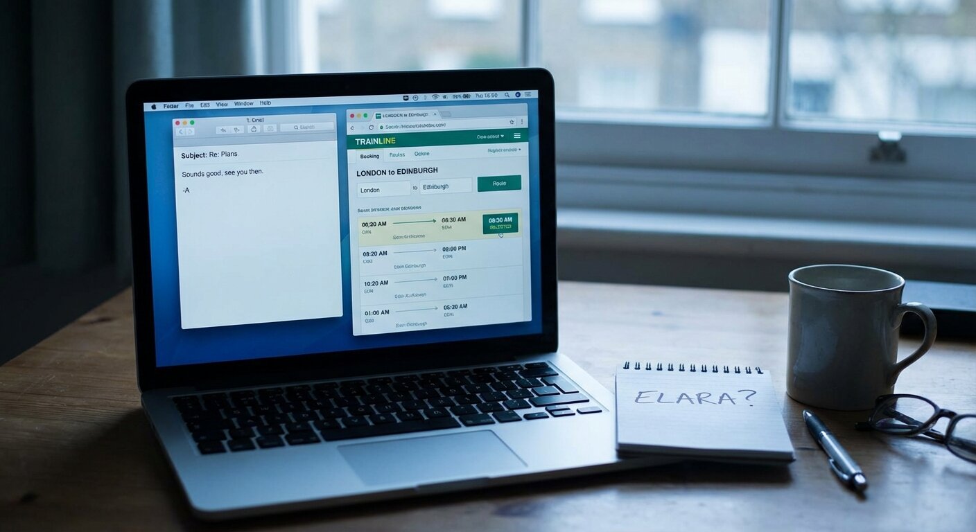 A desk with a laptop screen showing a short email and, beside it, a train booking interface open in another window — route, departure time, two cities visible. A notepad with a name and a question mark written on it. Morning light. The atmosphere is the moment after a decision has been made but before anything has been set in motion. Photorealistic, cinematic, cool morning light, documentary photography style, shallow depth of field, muted cool-warm palette.