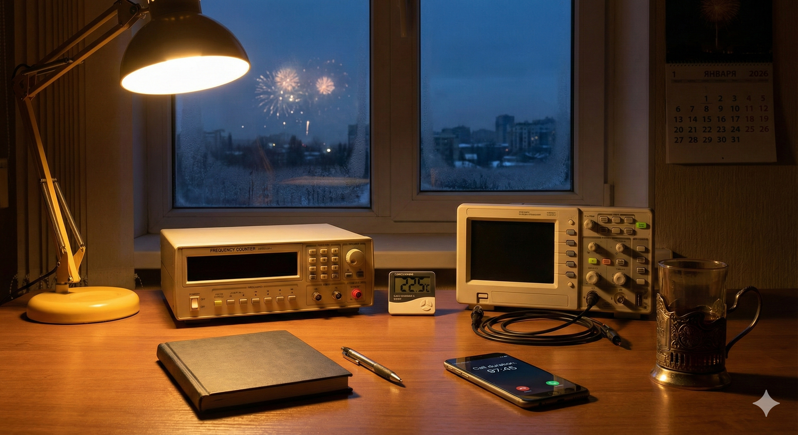 Desk with unused measurement equipment on New Year's Eve